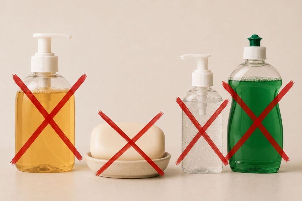 Produtos de limpeza com marcas de proibição.
