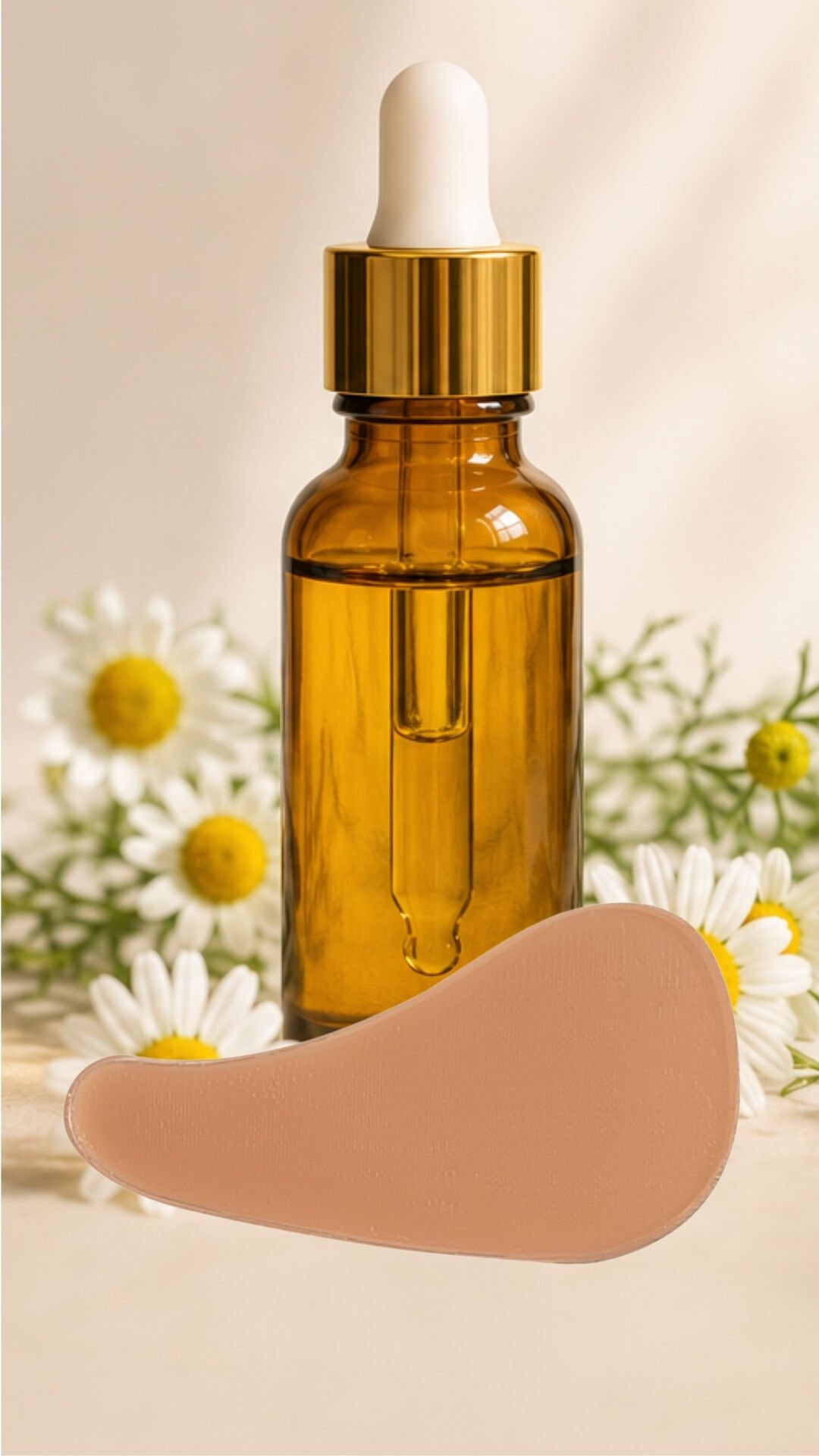 Óleo facial em frasco com flores ao fundo