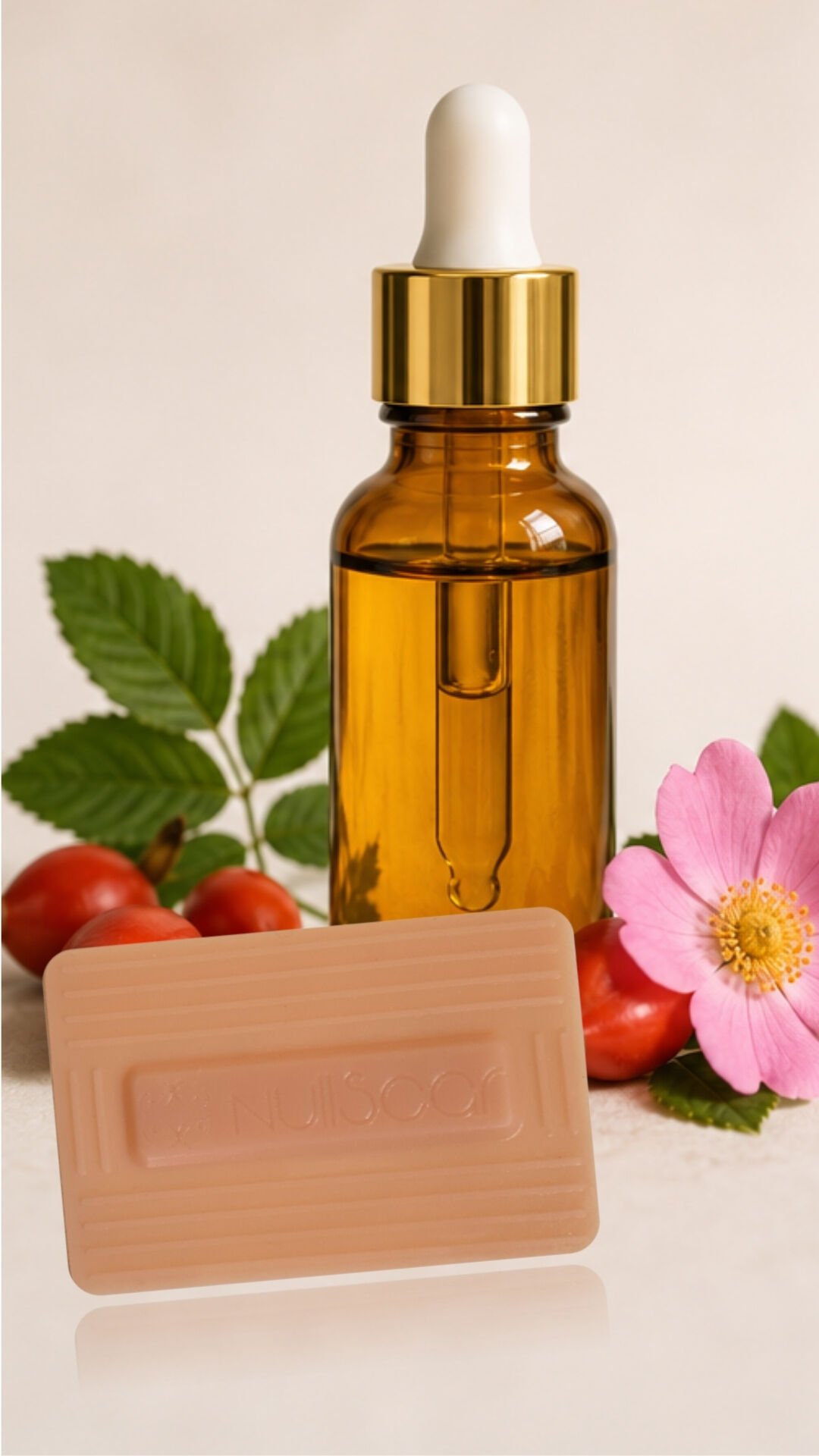 Óleo facial e sabonete com flores e folhas ao fundo
